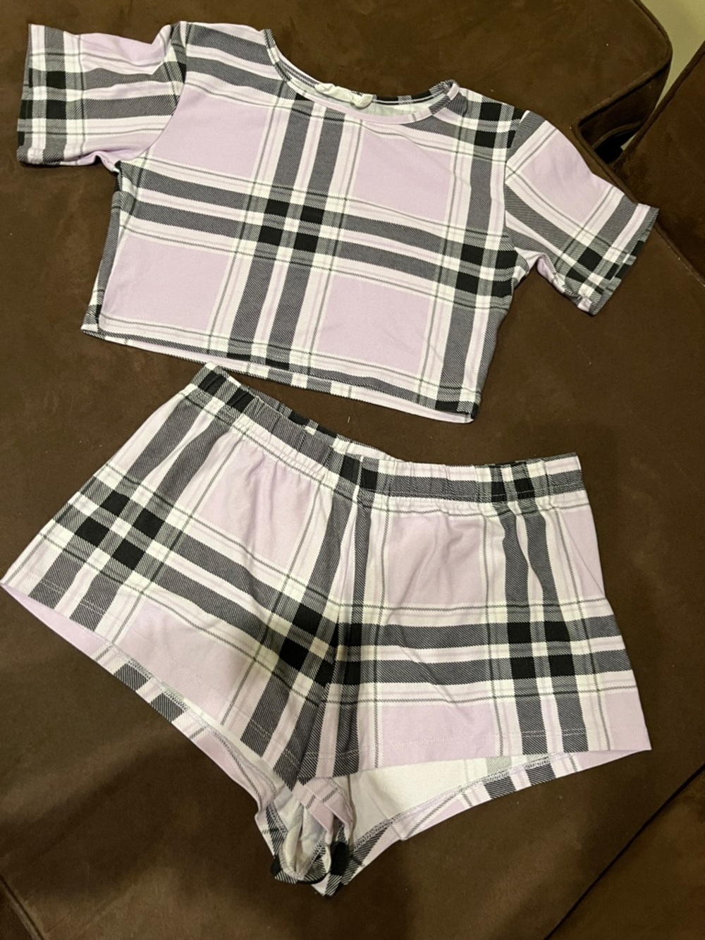 Women’s Lavender Plaid Short Pajama Set - Crop Tee & Shorts